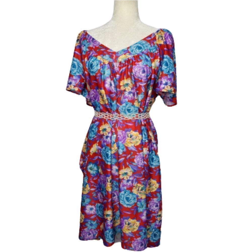 VINTAGE 90s‎ house dress red scoop neck floral mumu L